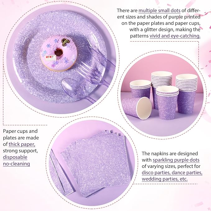 Hushee 350 Pcs 50 Guests Pastel Purple Paper Party Plates and Cups Napkins Sets Holographic Glitter Disposable Dinnerware Plastic Forks Knives Spoons Birthday Bachelorette Wedding Party Supplies
