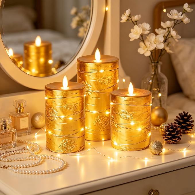 Da by 3 Pack Gold Wax Flameless Taper Candles, Realistic Flickering LED Candles with Surrounding Fairy String Lights, Soft Warm Light Battery Candles with Remote for Indoor Outdoor Decor