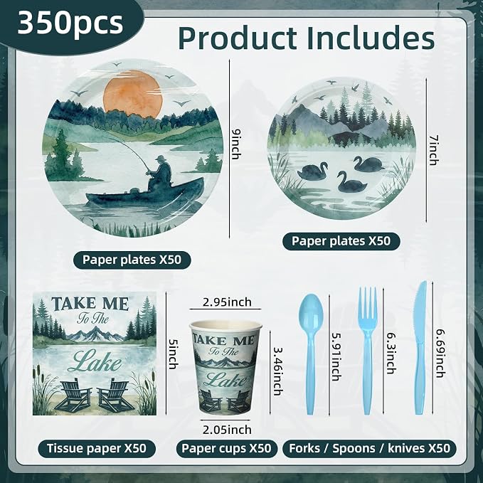 300 Pcs Lake Life Birthday Party Supplies Summer Lakeside Party Dinnerware Includes Plates, Napkins and Cups Plastic Cutlery Happy Birthday Dinnerware Kits, Serve 50 Guests