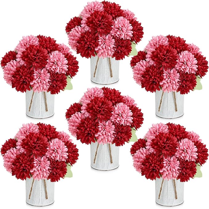 Pre-Made Flower Table Centerpieces, Set of 6 Artificial Silk Chrysanthemum with Metal Vases for Wedding, Birthday Parties, Home Decoration (Burgundy & Dusty Pink, Set of 6 Floral Arrangement)