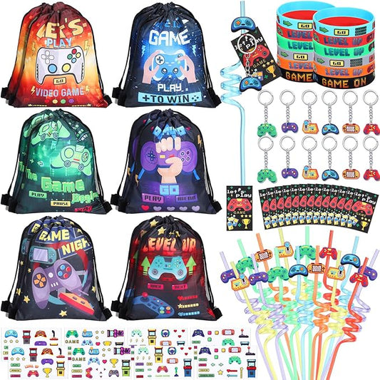 LemonRoad 73 Pcs Classic Video Party Favors Set Birthday Supplies Includes Drawstring Bags Keychains Bracelets Stickers Straws Tags for Classic Video Theme Party