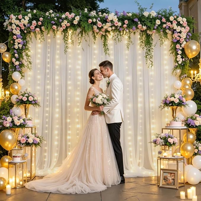 10ft x 10ft Cream White Chiffon Backdrop Curtain with Lights String for Parties,2 Panels Sheer Tulle Curtain Wedding Backdrop for Baby Shower Birthday Party Ceremony Reception Home Decorations