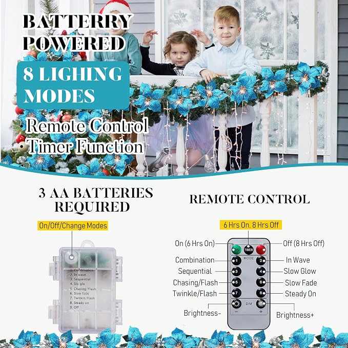 Zubebe 2 Pcs Prelit Poinsettia Christmas Garland with String Lights Glitter Holly Leaves Berries Remote Timer 8 Modes 6.5 ft Lighted Flower Garland Battery Operated Indoor Outdoor Decor(Light Blue)