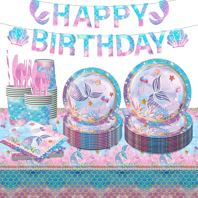 Mermaid Birthday Decorations Disposable Tableware Plates for Baby Shower,Under The Sea Party Supplies Plates,Blue Tableware with Cups,Tablecloth,Banner for Kids Girls,Serve 24