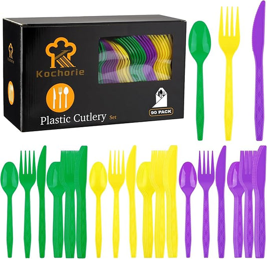 Kochorie 90 Pieces Mardi Gras Plastic Cutlery Set Purple Yellow Green Disposable Plastic Utensils Heavy Duty Flatware Set Include 30 Knives 30 Forks 30 Spoons for Carnival Masquerade Birthday Party