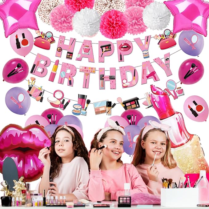 Makeup Party Supplies 66pcs Spa Party Decorations Set-Makeup Theme Party Decoration Happy Birthday Banner Happy Brirthday Makeup Birthday Cake Topper Kit Party Decorations for Girls Women