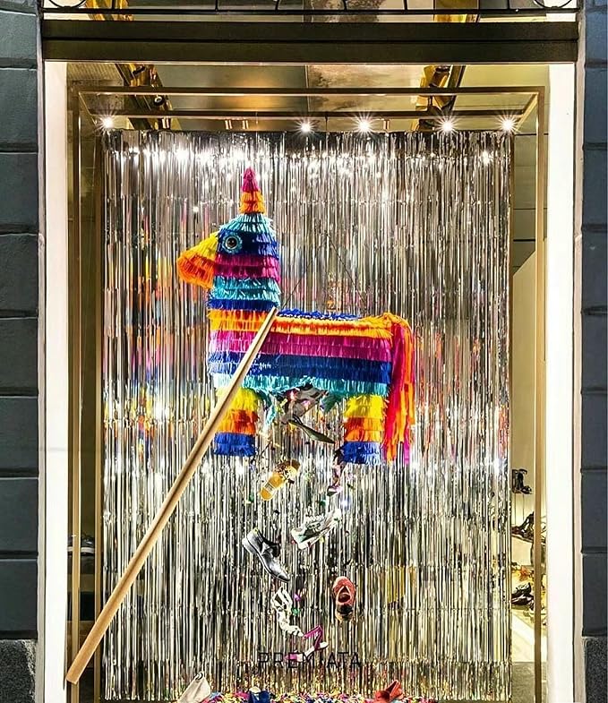 GOER 3.2 ft x 8.2 ft Metallic Tinsel Foil Fringe Curtains,Party Streamer Backdrop for Birthday,Graduation Decorations and New Year Eve (Silver,2 Packs)