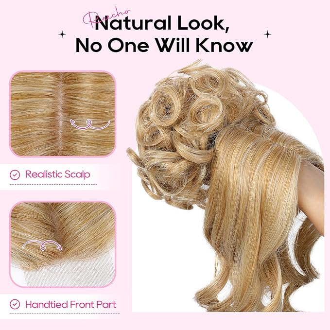 REECHO Messy Bun Hair Piece with Bangs - 2-in-1 Hair Bun Hairpieces Curly Updo Wig & Hair Topper with Long Side Bangs Natural-Looking Drawstring Ponytail Extension for Women - Chestnut Brown