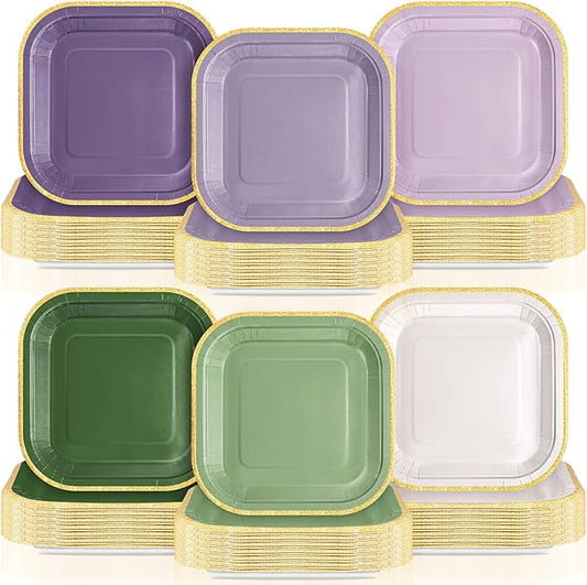 120 Pcs Sage Green Purple Paper Plates 7 Inch Gradient Disposable Square Dessert Party Plates with Gold Edge for Birthday Wedding Bridal Baby Shower Party Supplies, 6 Colors