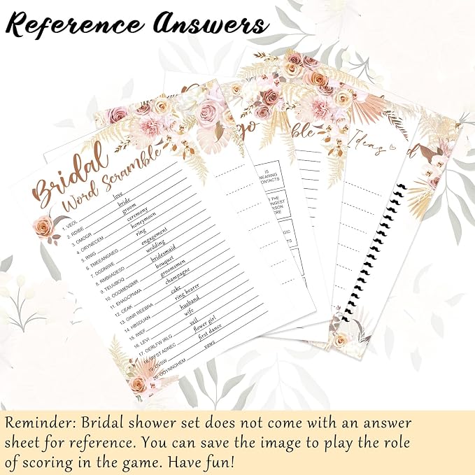 Silipull Bridal Shower Games Set for 50 Guests Includes Bingo, He Said She Said, Scramble, Would She Rather, Advice and Wishes Wedding Games Double Sided with Wooden Box, 20 Pencils (Boho)