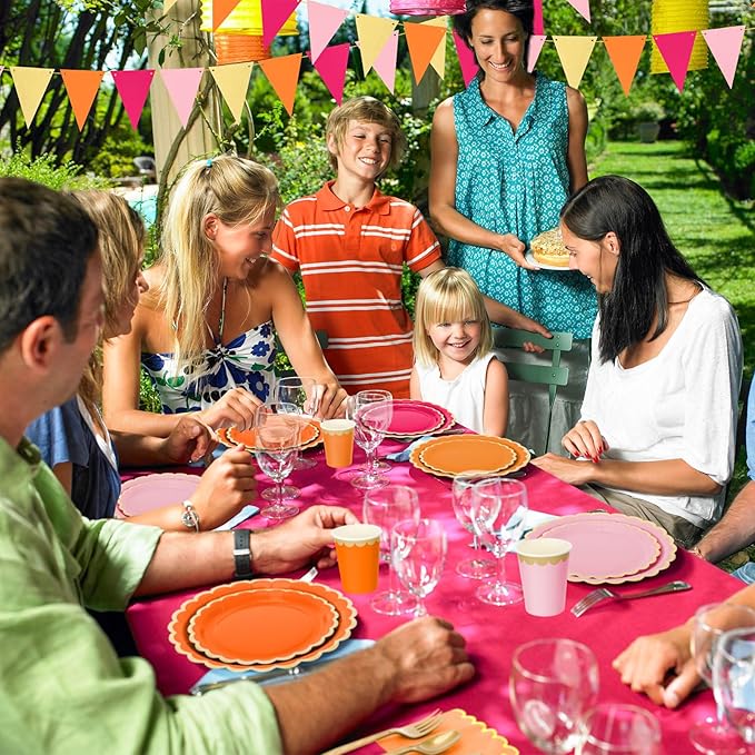 Mimorou 342 Pcs Pink and Orange Plates and Napkins Pink and Orange Tableware Paper Disposable Plates Napkins Cups Plastic Tablecloth Triangle Banner for Wedding Bachelorette Birthday Party Supplies