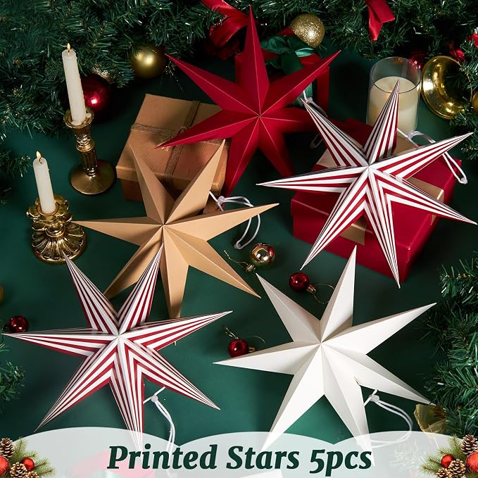 SUNBEAUTY Paper Stars Christmas Party Decorations, 5PCS 6-Pointed Paper Star Hanging Decoration Set Holiday Decor Stars Shape Landerne for Birthday Party Tree Xmas Home Decor