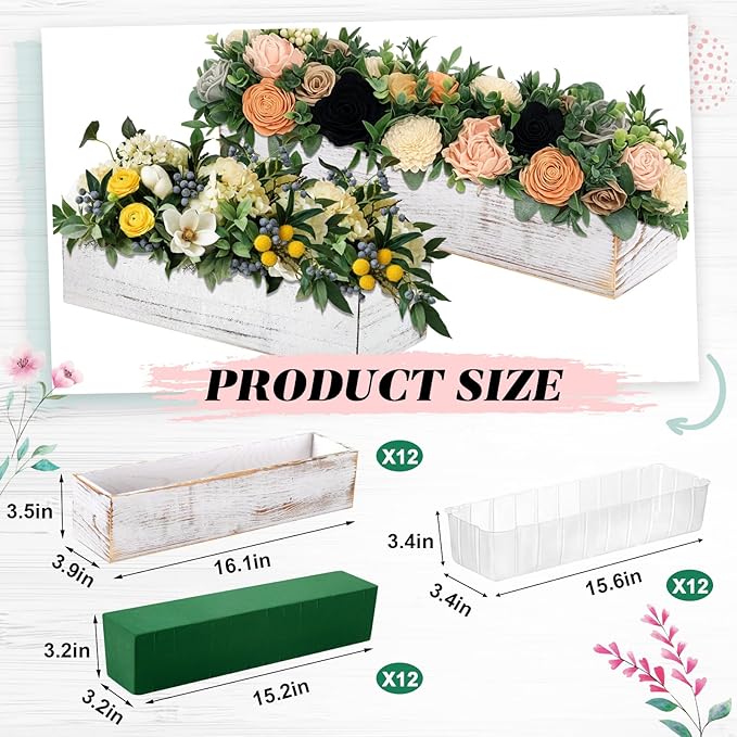 Dandat 12 Set Wood Boxes for Centerpieces 16x4 Inch Rectangle Wooden Planter Rustic Wooden Planters with Removable Plastic Liner Floral Foam Blocks for Christmas Wedding Home Decor(White)