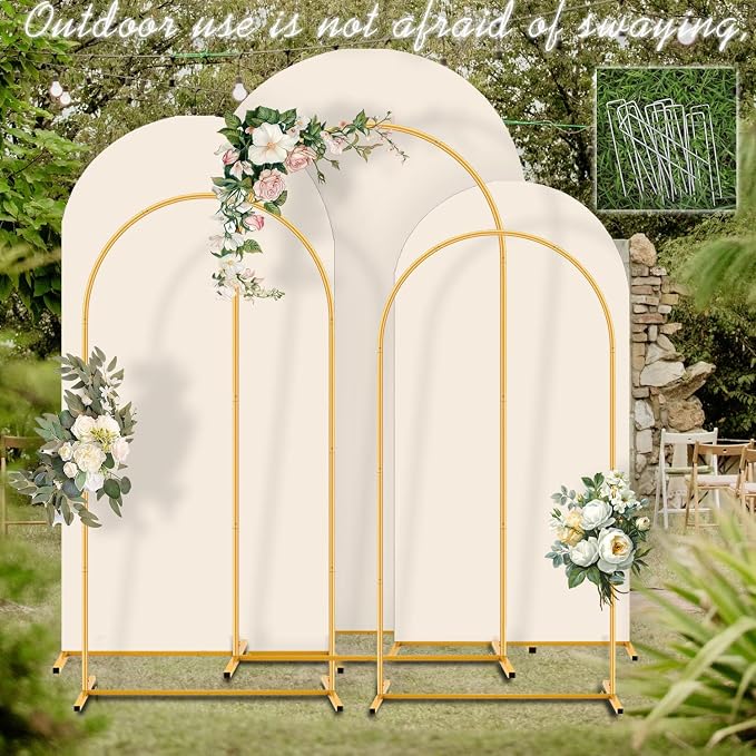 Arch Backdrop Stand and Cover Set (7.2ft,6.6ft,6ft) Metal Arch Frame Stand Gold with Beige Cover for Wedding Birthday Party Baby Shower with Storage Bag(Beige, 7.2FT+6.6FT+6FT)