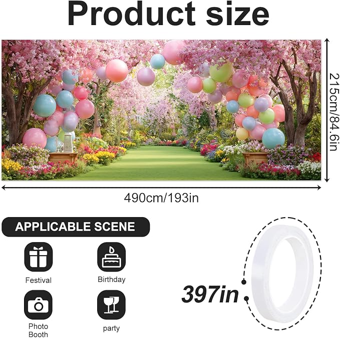 Cherry Blossom Garden Garage Door Banner Cover 7x16FT Waterproof –Pastel Balloon Arch & Floral Path Backdrop,Indoor Outdoor Decor for Spring Easter,Wedding,Baby Shower, Bridal Shower & Photo Booth