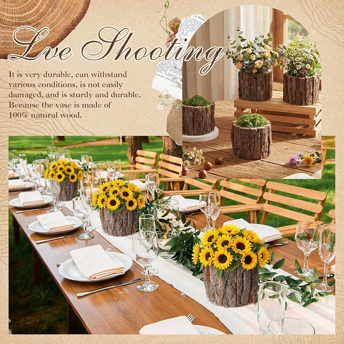 8 Set Wooden Vase for Centerpieces Wedding Flower Table Centerpieces Decor Rustic Bark Stump Bucket Farmhouse Wood Planter Pot for Woodland Party Window Home (Fake Green Moss,Large)