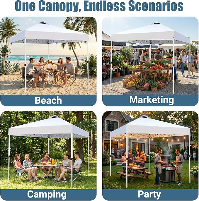 10x10 Pop Up Canopy Tent, Instant Folding Outdoor Shelter with High Strength Steel Frame and Handheld Carry Bag, Ground Stakes and Wind Ropes for Backyard Party, Camping, Beach Events, White