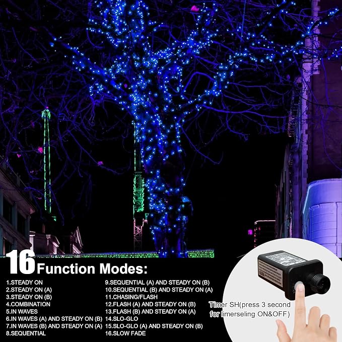 LAMPHOME 99FT 300 LED Blue Christmas Lights,16 Modes Connectable Fairy String Lights, Plug in Indoor Outdoor Blue Lights for Xmas Tree, Party, Garden, Hanukkah, Independence Day Patriotic Patio Decor
