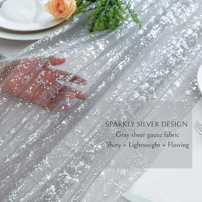 Snowkingdom Silver Gray Table Runner 10FT, Sheer Sparkly Shiny Glitter Sparkle Cheesecloth Tulle Elegant Centerpiece Modern Dining Decor for Wedding Party Bridal Shower Birthday Christmas New Year