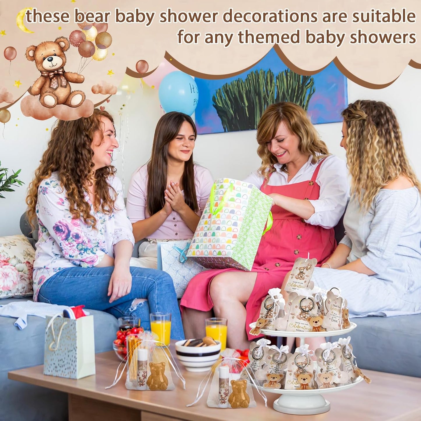 288 Baby Shower Favors: 48 Sets of Lip Balms, Soaps, Keychains, Organza Bags, Thank You Tags & Cards for Boys & Girls Baby Shower Gifts (Brown, Bear)