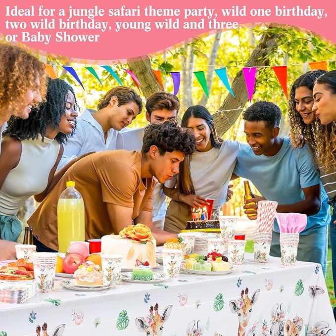Funnymoom 452 Pcs Safari Birthday Party Supplies Include Jungle Theme Paper Plates Napkins Cups Tablecloth Cutlery Straws for Animal Safari Jungle Wild Birthday Baby Shower Party Decorations