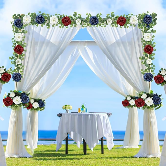 5.9 FT Artificial Eucalyptus Flower Garland with Butterflies - Fake Rose Faux Greenery Eucalyptus Garlands for Wedding Table Backdrop Arch Centerpieces Decorations - Navy Blue & Burgundy& White