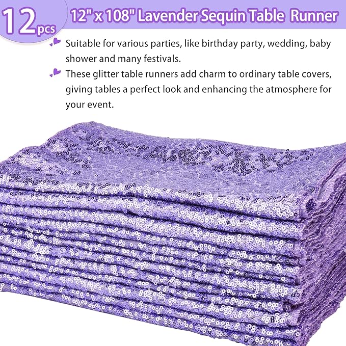 12 Packs Sequin Table Runner Glitter Dining Table Runner for Birthday Wedding Engagement Bridal Baby Shower Bachelorette Holiday Celebration Party Supplies Decorations (12" x 108", Lavender)