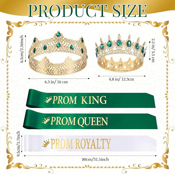 Saintrygo 12 Pcs Prom Crown and Sash Set, Prom King and Queen Tiara Rhinestone Crown Glitter Court Royal Satin Sash for 2026 Graduation Ball Dance Night Party Birthday Accessory(Green,Elegant)