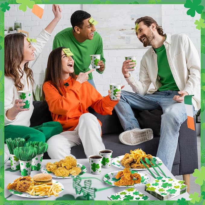 Pickmesh 400 Pcs St. Patrick's Day Party Plates and Napkin Decoration Lucky Shamrock Paper Tableware Cups Knives for Wedding Green Shamrock Themed Irish Festival Party Supplies Serve 50