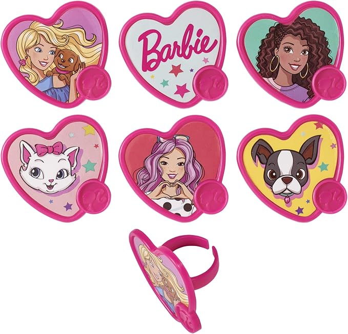 DecoPac Barbie Be The Future Rings, Pink Heart Shaped Cupcake Decorations Featuring Barbie and her Friends For Birthday Party And Celebrations - 24 Pack