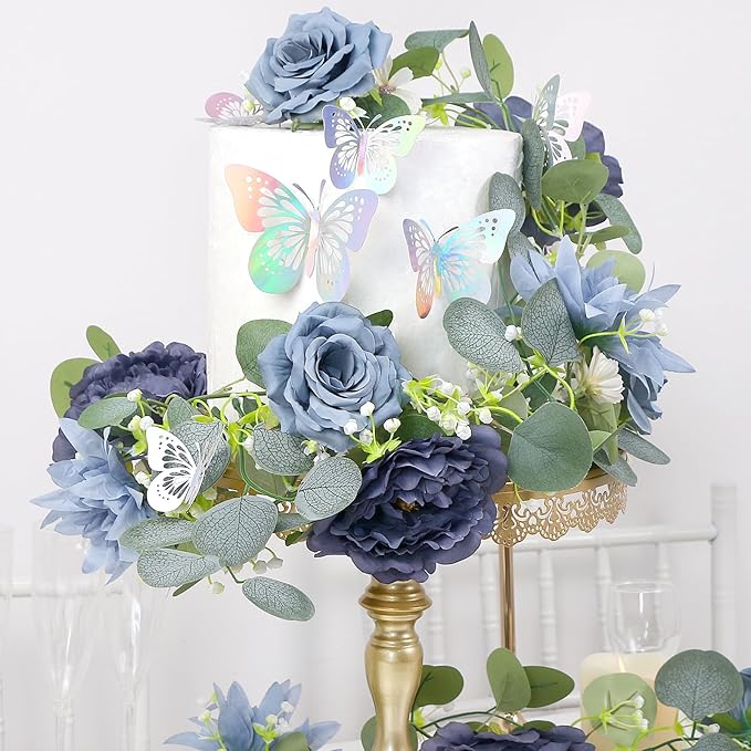 Eucalyptus Garland with Flowers - 4 Pack 5.9 FT Fake Flower Garland with Butterflies Faux Rose Greenery Garlands for Wedding Table Backdrop Arch Centerpieces Decorations - Navy Blue