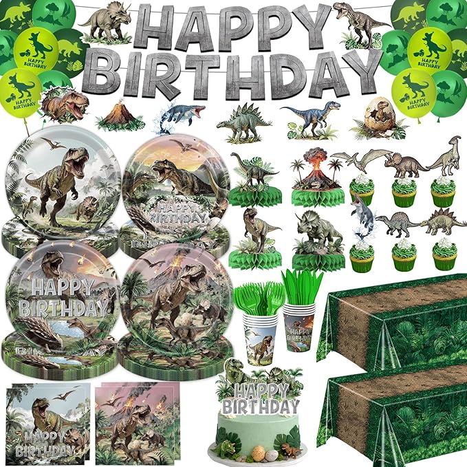 Dinosaur Birthday Decorations – Plates, Cups, Napkins, Cutlery, Hanging Swirls, Toppers, Banner, Tablecloths, Balloons, Honeycomb Centerpieces for Three Rex Dinosaur Party Decorations, Serves 20