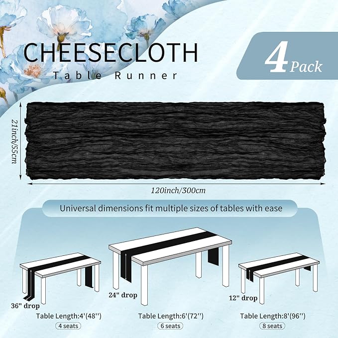 4 Pack Cheesecloth Table Runner 10FT Black Table Runner Boho Gauze Cheese Cloth Table Runners Long Rustic Sheer Table Decorations for Wedding Party Baby Bridal Shower Birthday Holiday Home