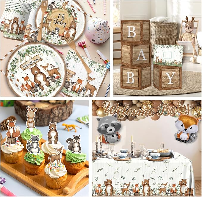 Woodland Baby Shower Decorations,273pcs Woodland Animals Baby Shower Decorations With Plates and Napkins Cups Tablecloth Backdrop Balloon Arch Cake Toppers for Woodland Creatures Baby Shower Supplies