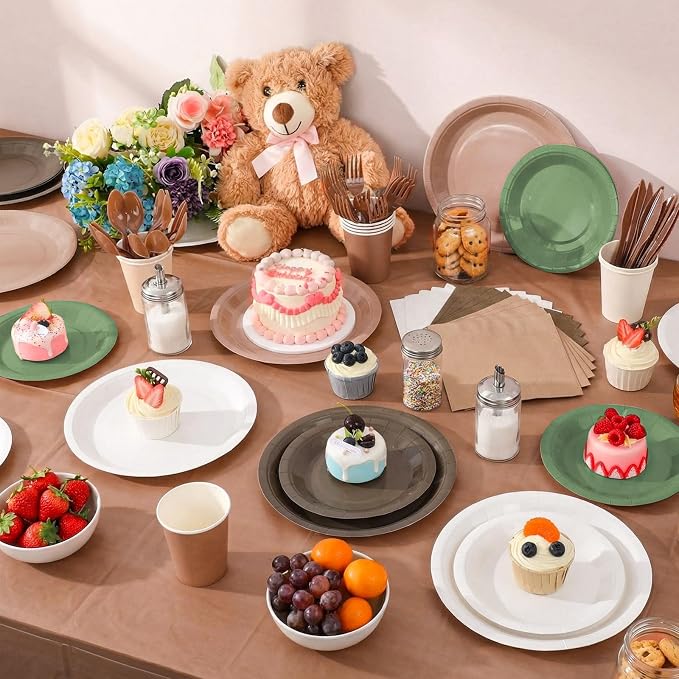 Mimorou 354 Pcs Woodland Plates and Napkins Set Serves 50 Guests Gradient Green and Brown Tablecloth Plates Cup and Napkins Tableware for Forest Animal Birthday Wedding Baby Shower Party Supplies