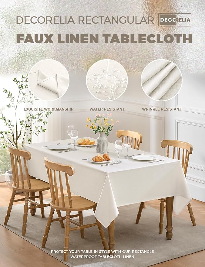Decorelia Faux Linen Farmhouse Table Cloth 60"x144" for 10 ft Rectangle Table, Ivory Waterproof Outdoor Washable Cloth Tablecloth for Rectangular Dining Room Kitchen Outdoor Party Restaurant Table