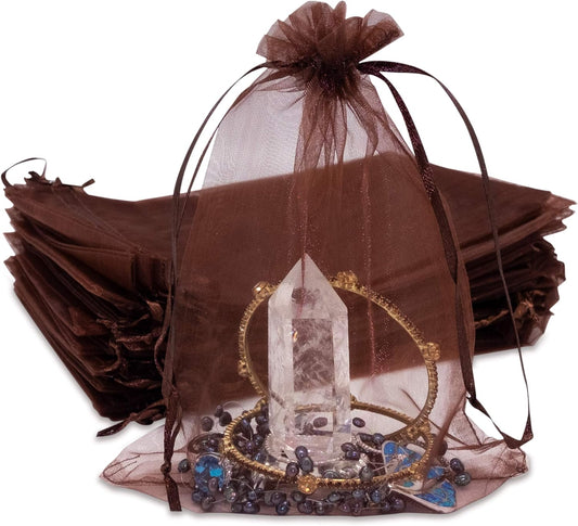 TheDisplayGuys 100-Pack 6x8 Brown Sheer Organza Gift Bags with Drawstring, Jewelry Candy Treat Wedding Party Favors Mesh Pouch