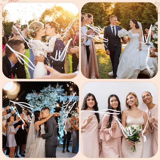 Reallnaive 103 Pcs Wedding Ribbon Stick Wand with Metal Buckets and Acrylic Sign, Party Magic Fairy Wand with White Lace Ribbon and Gold Bells for Wedding Party Favor Decor