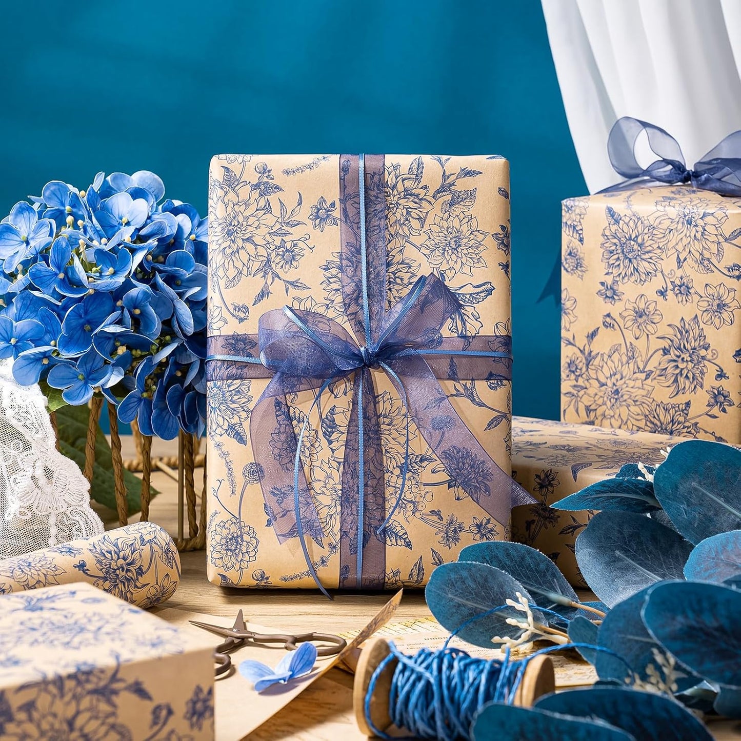 WRAPAHOLIC Kraft Blue Floral Wrapping Paper - Mini Roll - 17 Inch x 16.5 Feet - Vintage Blue Toile De Jouy Flower Wrapping Paper Perfect for Wedding, Birthday, Bridal Shower, Tea Party