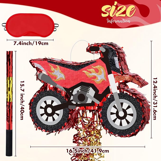 WERNNSAI Motorcycle Piñata - Dirt Bike Piñata with Stick and Blindfold, for Men Motorcycle Themed Birthday Party Decorations, Celebration Game Supplies (16.5" x 12.4" x 2.9")
