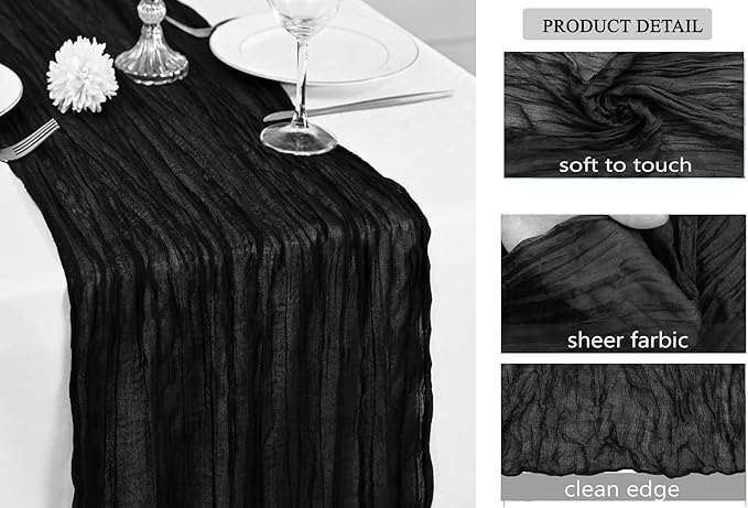 MDS Pack of 20 Cheesecloth Table Runner 35x170 Inch, 14FT Long Gauze Cheese Cloth Table Runner for Wedding Party Birthday Bridal Shower Farmhouse Garden Boho Rustic Table Decoration - Black