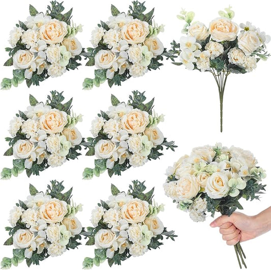 Wavwavw 6 Pcs Artificial Peony Silk Florals Fake Mix Silk Peony Rose Faux Flower Hydrangea Bouquet Elegant Realistic Wedding Floral Centerpiece for Home Party Table Arrangement (Champagne)