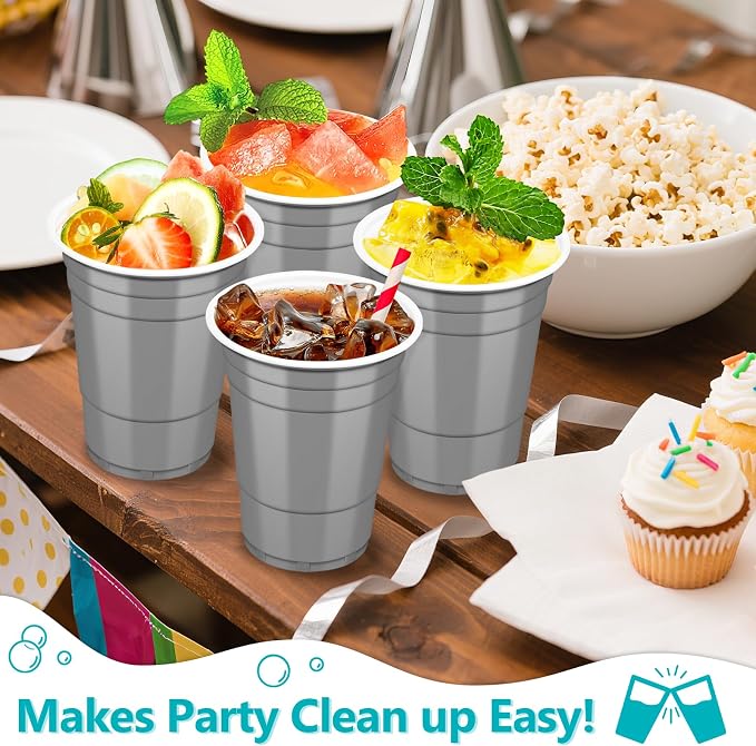 LANLISA 100 Gray Plastic Cups, 16 oz Disposable Cups, Drinking Cups For Party Supplies