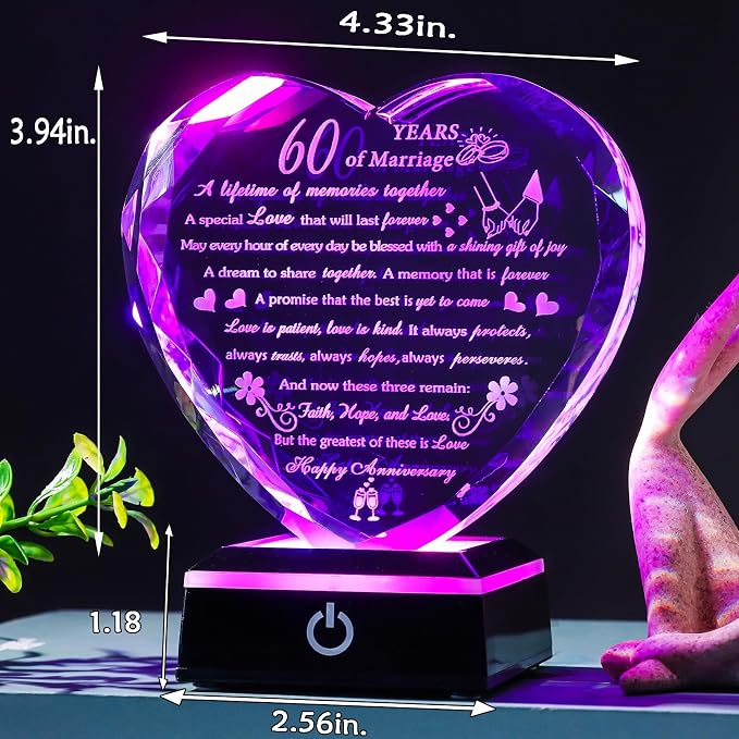60th Wedding Anniversary Crystal Gifts for Parents Couples with LED Base Heart Happy 60th Anniversary Keepsake Gift for Husband Wife 60 Years of Marriage Gifts for Her Him