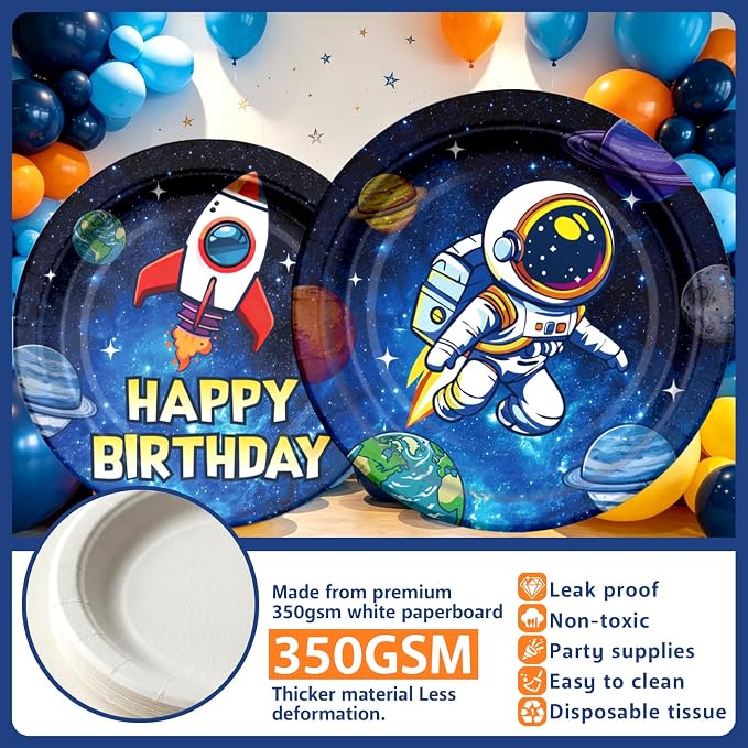 NeoRov 220 Pcs Space Themed Birthday Party Decorations Tableware Set | Service 25 Guests | Includes Banner, Cake Topper, Balloons, Plates And Napkins Paper Cup | For Space Astronaut Themed Party