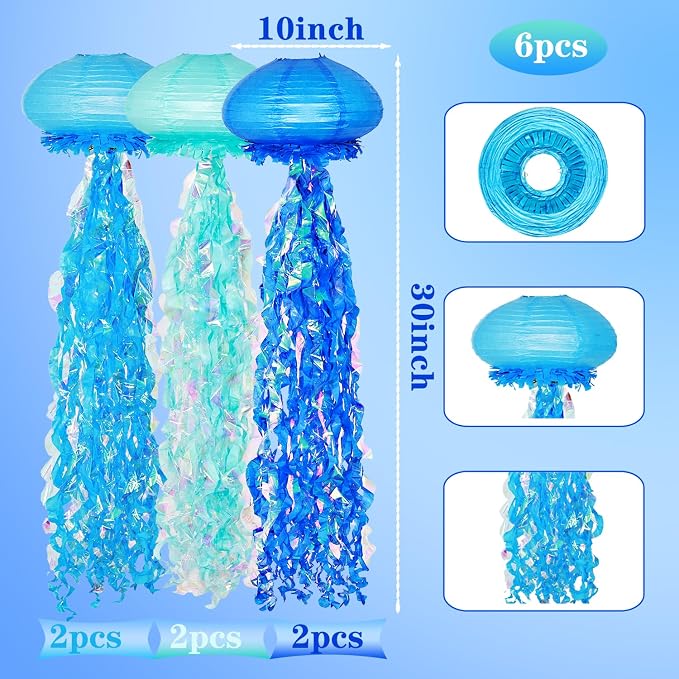 OBXT 10" Blue Jellyfish Paper Lanterns - Under the Sea Birthday & Mermaid Party Decorations, Ocean and Beach Theme Indoor Outdoor Hanging Decor, Baby Shower, Nautical Events (Set of 6)