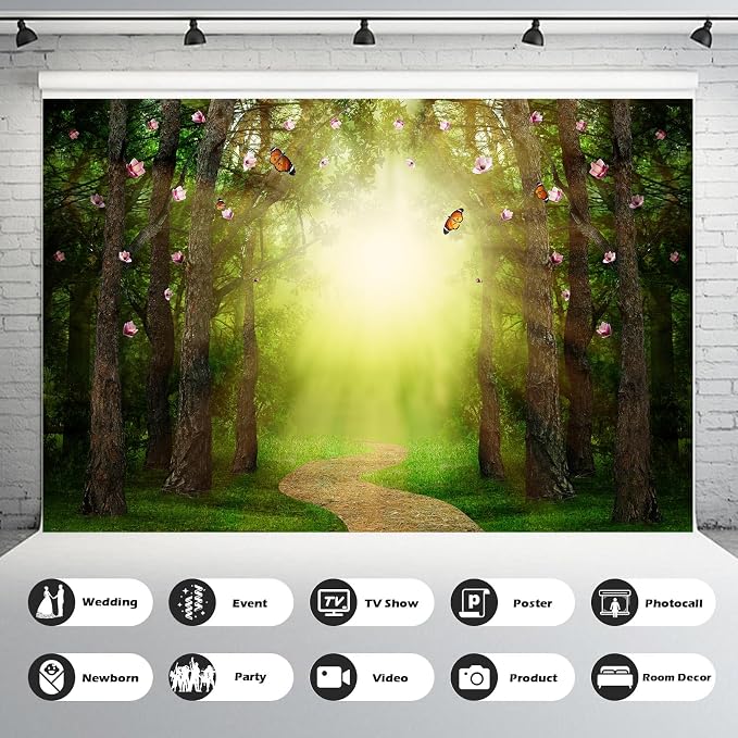 Fantasy Forest Backdrop Magic Forest Beautiful Butterflies and Sunlit Way Photography Background Fairy Wonderland Foggy Forest Backdrop Decors Spring Travel Hiking Outdoor Party Background 7x5ft