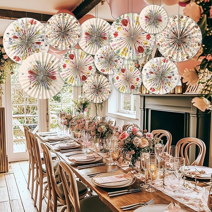 Feifeiya 12 Pcs Watercolor Floral Hanging Paper Fans 8'' 12'' 16'' Wildflower Paper Fans Set Hanging Flowers Ornaments for Spring Summer Wedding Birthday Garden Tea Party Decoration