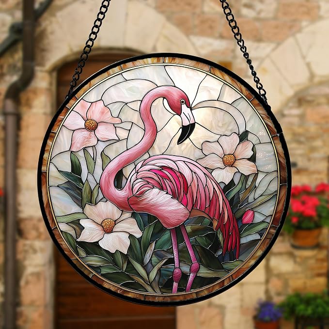 DASTOLL Stained Glass Window Hanging, Flamingo Flower Sun Catchers Diamond Glass Panel Hangings Pink Suncatcher Decor for Birthday for Women, Men, Wife, Aunt, and Mom 9.8 in
