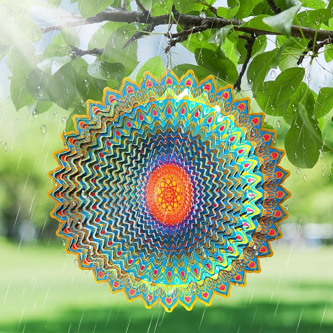 Goolyrusim Wind Spinner Mandala Circle - 3D Wind Spinners Outdoor, 12-inch Stainless Steel Hanging Wind Sculptures for Yard and Garden, Kinetic Art Decoration Porch Decor Patio Ornament, Mandala Gift